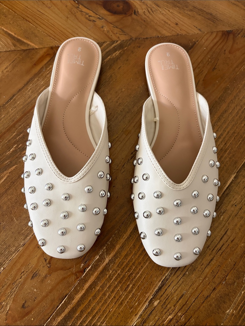 Time and Tru White Studded Slip-On Mules